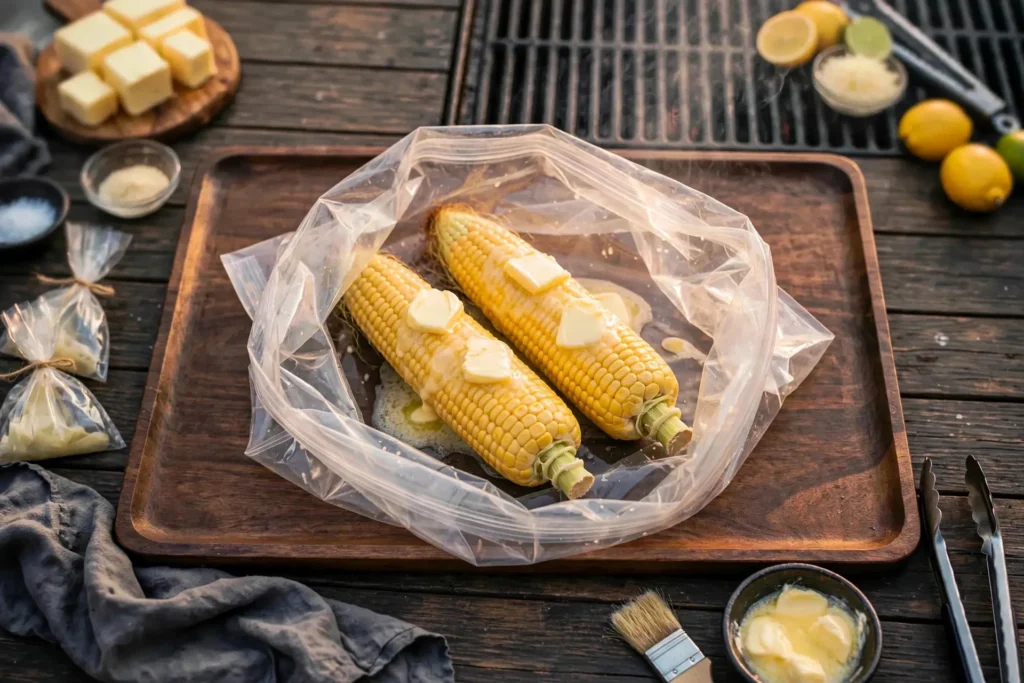 Butter pats on corn inside an open cooking bag