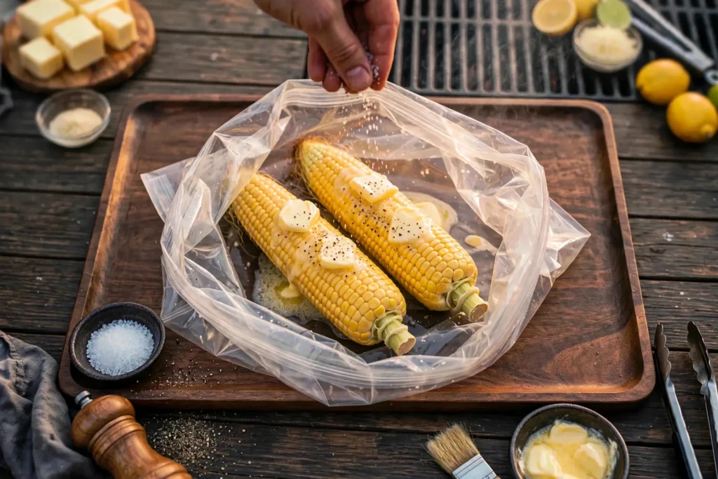 Sprinkling salt and black pepper over butter-topped corn in a bag
