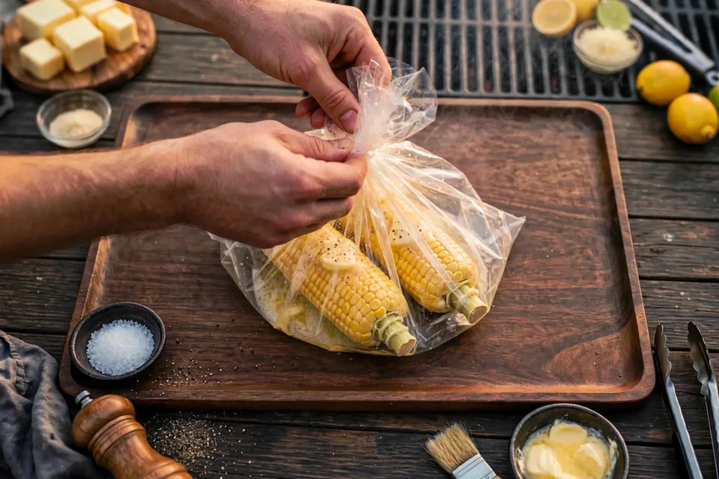 Hands twisting a cooking bag closed around buttered corn