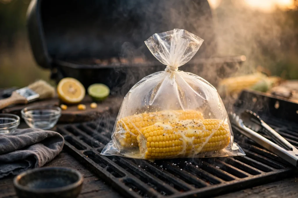 Sealed butter corn pack on grill grates with smoke