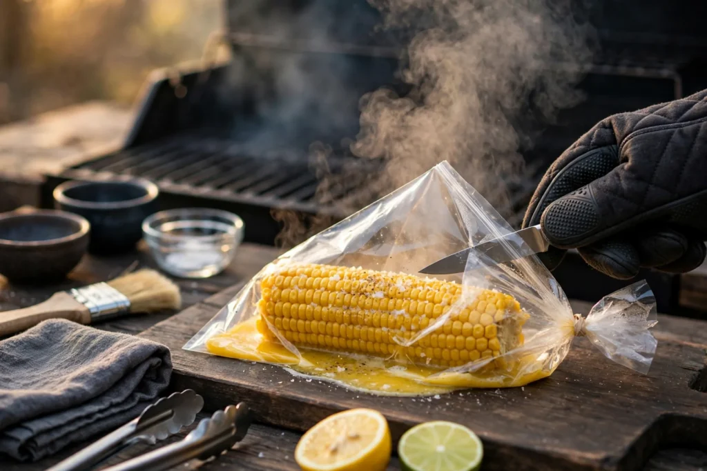 Heat-gloved hand opening a steaming corn pack away from camera