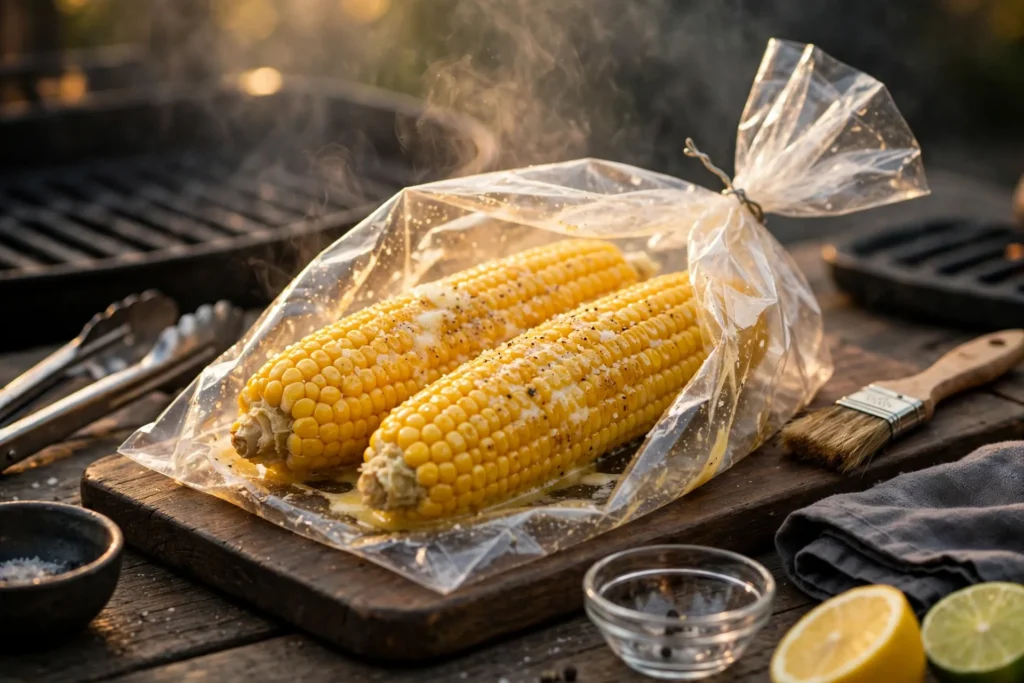 Classic butter corn in an opened bag with melted butter