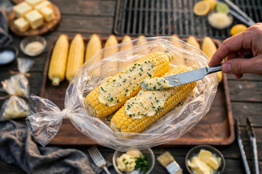 Spreading garlic herb butter over corn in a cooking bag
