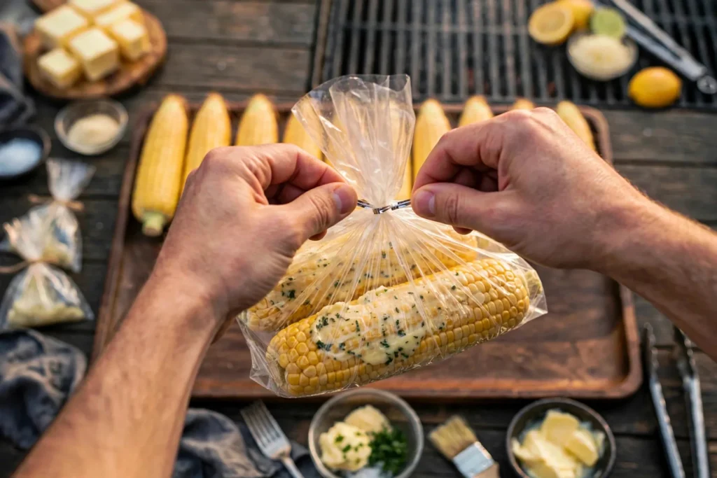 Sealed garlic herb butter corn pack tied closed