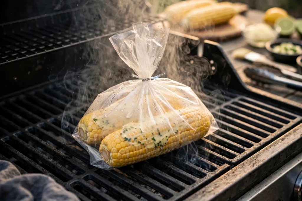 Sealed herb butter corn pack on grill grates