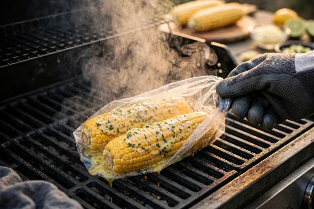 Opening a steaming garlic herb corn pack