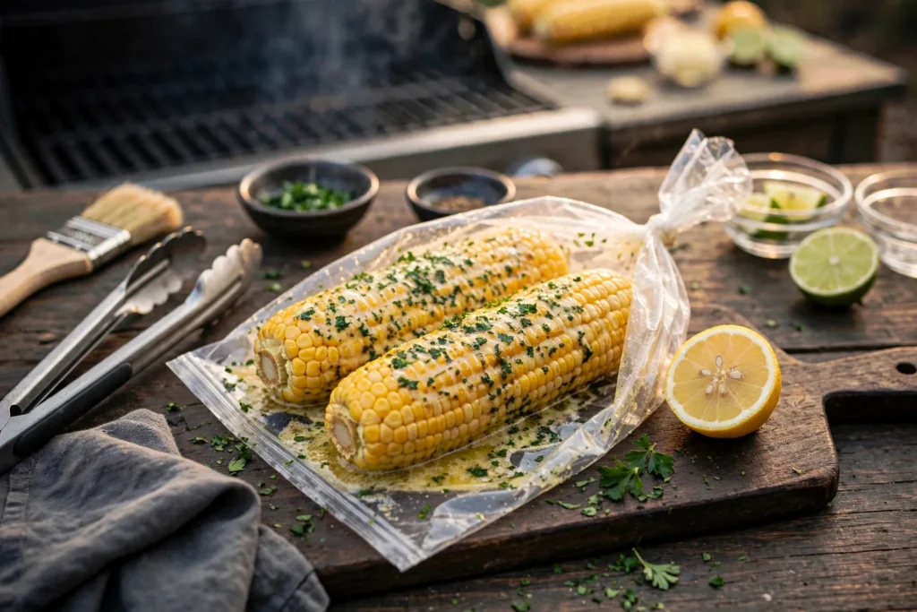 Garlic herb butter corn in an opened bag with parsley