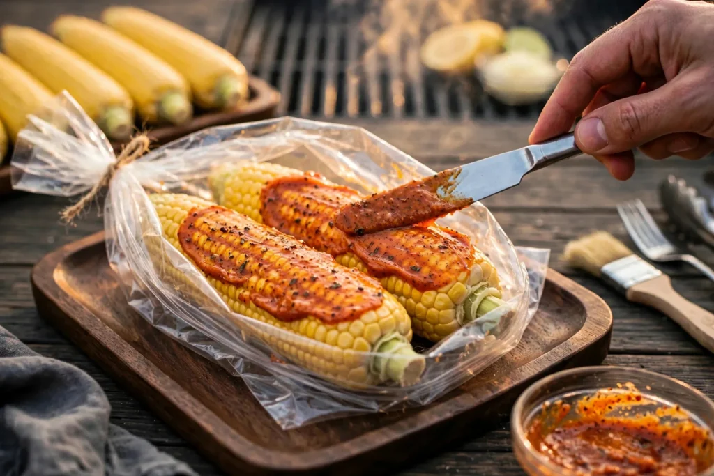 Spreading orange Cajun butter over corn in a cooking bag