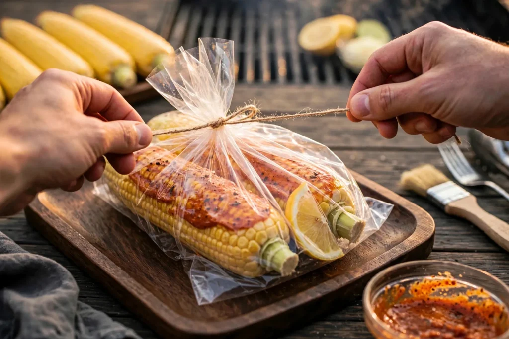 Sealing a Cajun butter corn pack with a lemon wedge inside