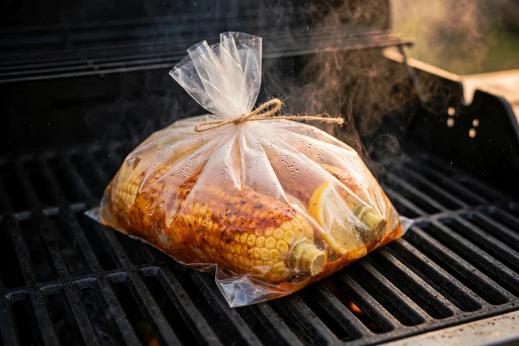 Sealed Cajun corn pack on grill grates