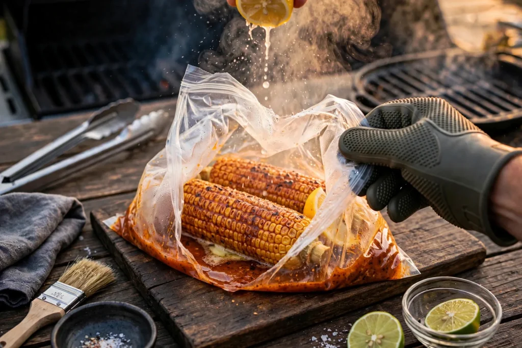 Cajun butter corn in an opened bag with lemon