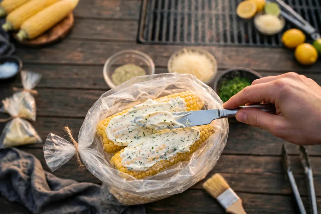 Spreading ranch butter over corn in a cooking bag