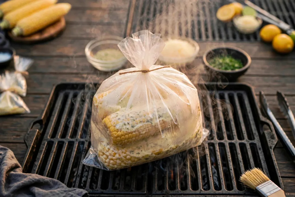 Sealed ranch corn pack on grill grates