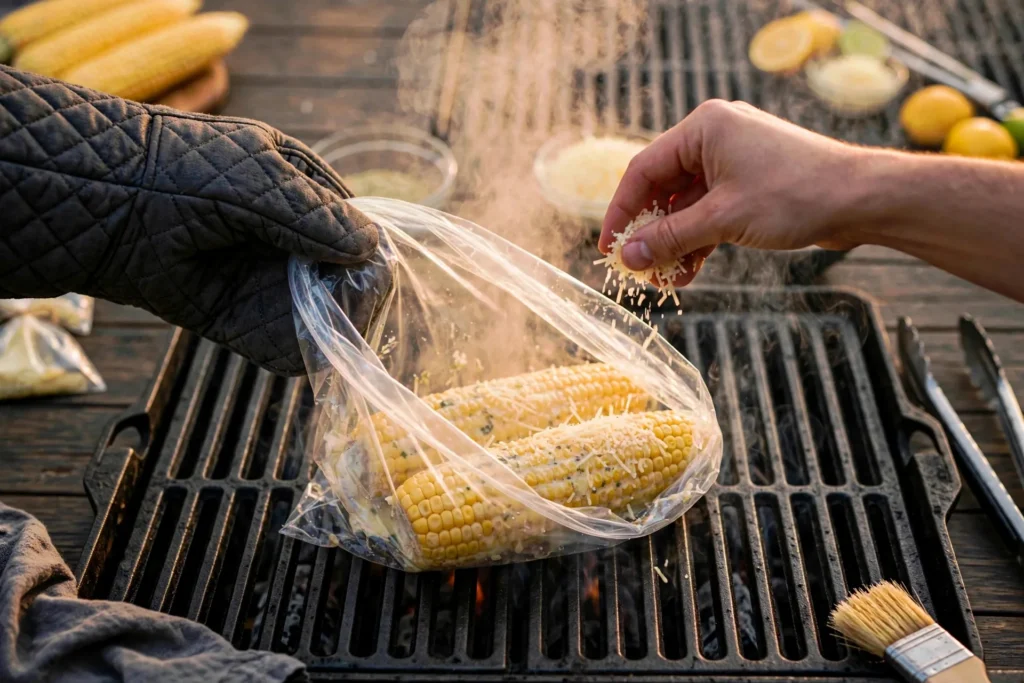 Sprinkling Parmesan over hot ranch butter corn in an opened bag