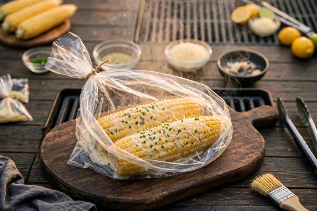 Parmesan ranch butter corn in an opened bag with chives