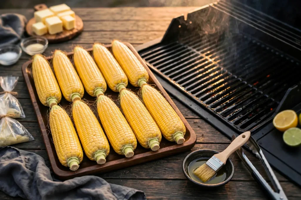 Raw corn pairs beside a preheated oiled grill