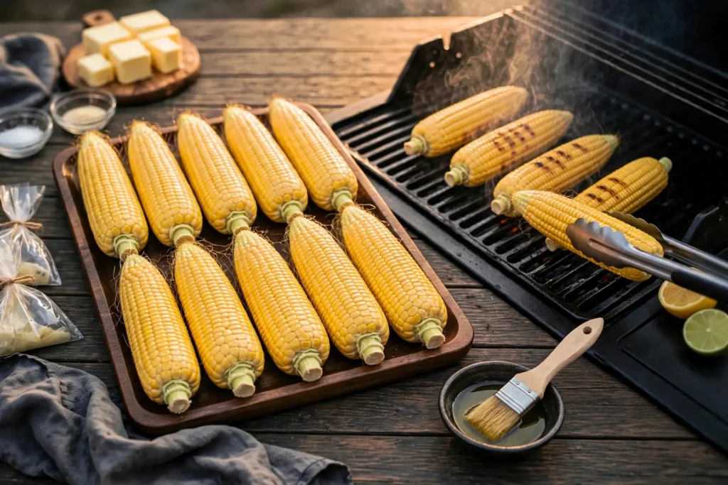 Tongs placing corn on the cob onto grill