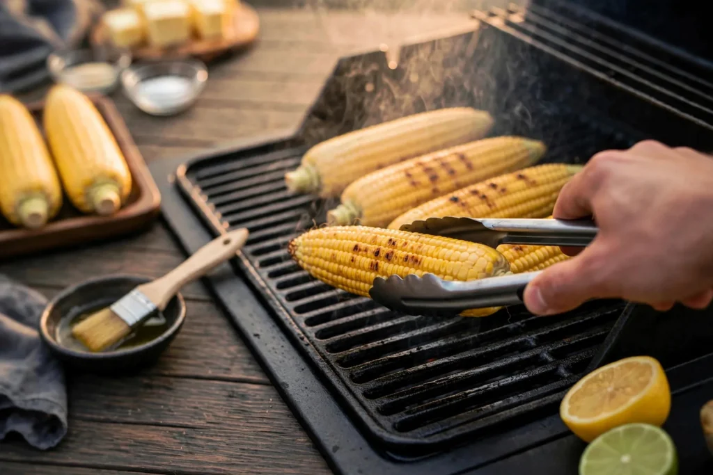 Tongs turning corn on the grill for even char