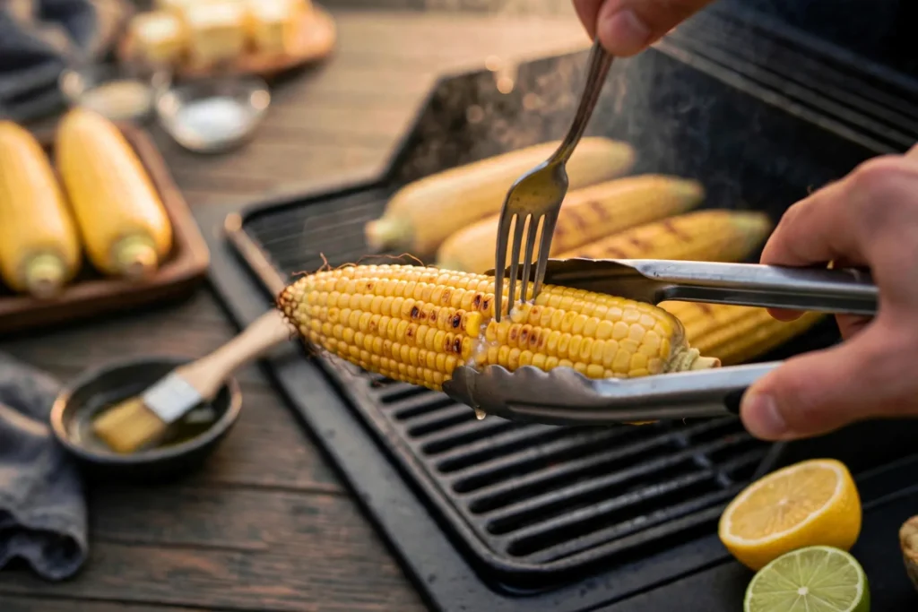 Grilled corn ear lifted by tongs showing light char