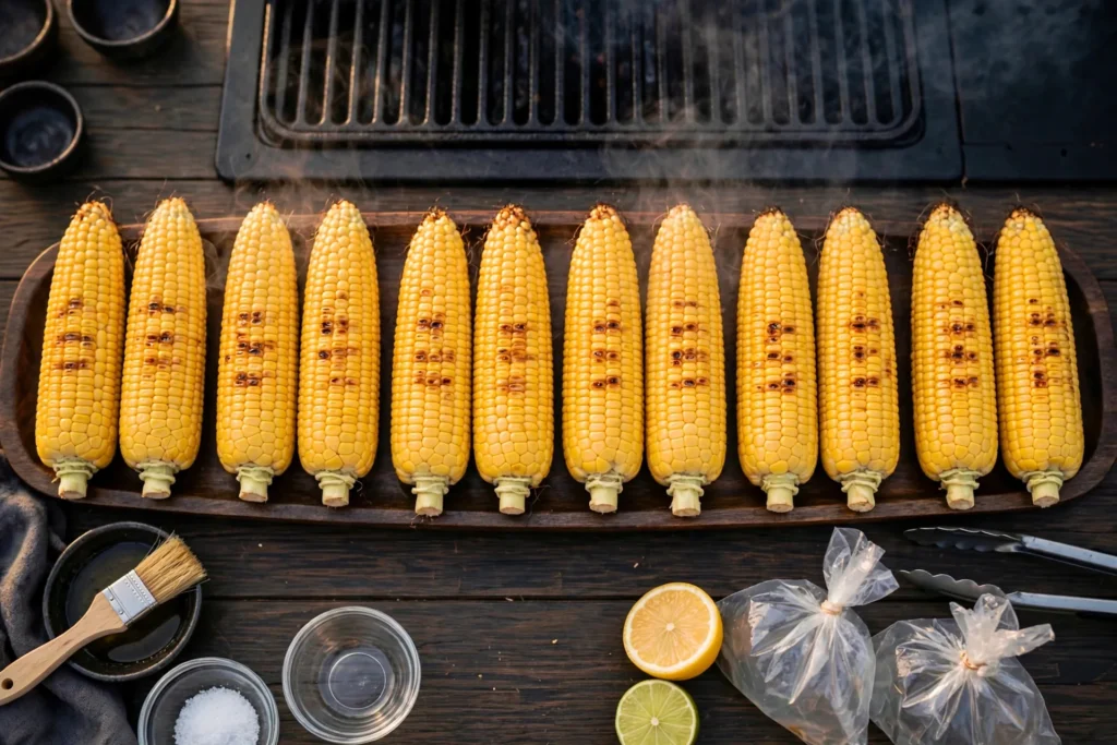 Twelve grilled corn ears arranged on a wooden platter