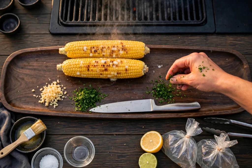 Minced garlic and chopped parsley on a board with grilled corn