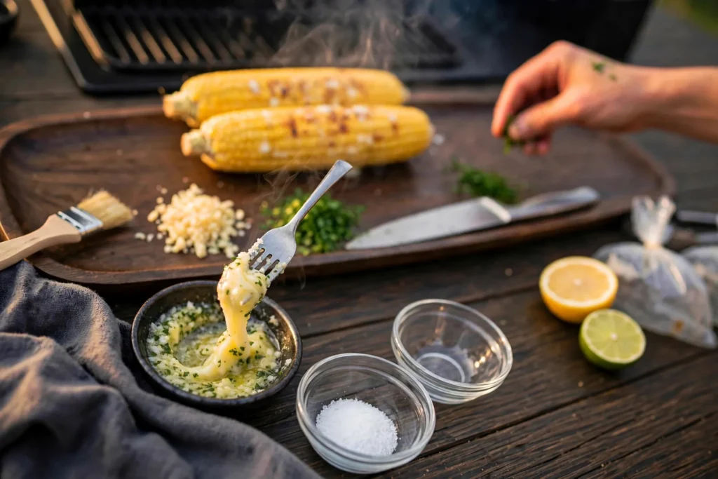 Stirring garlic butter with parsley in a small bowl