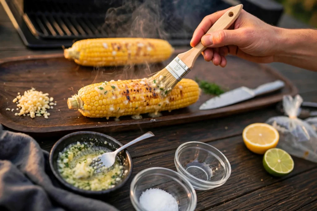 Brushing garlic butter over hot grilled corn