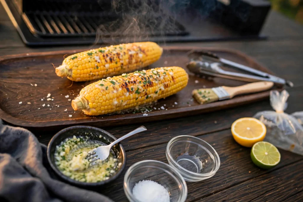 Garlic butter corn on a board with lemon