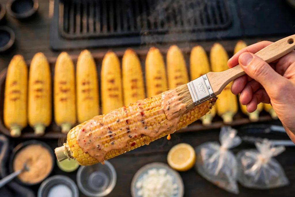 Spreading sauce over hot grilled corn