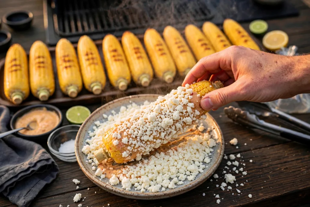 Rolling sauced corn through crumbled cotija cheese