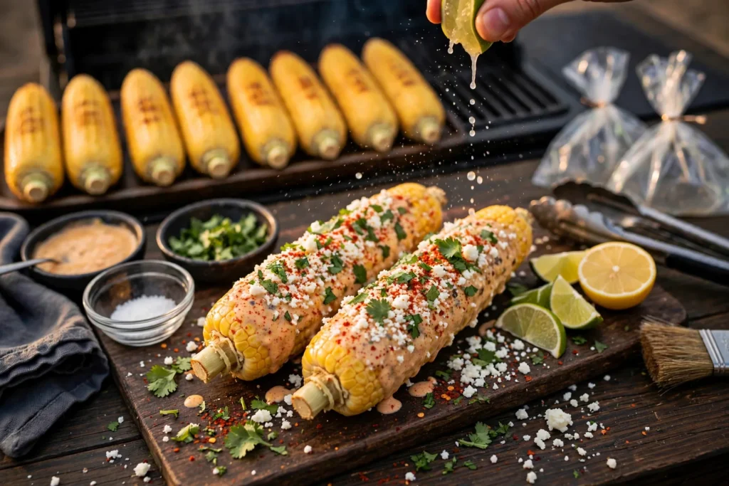 Elote style corn with cotija chili and lime