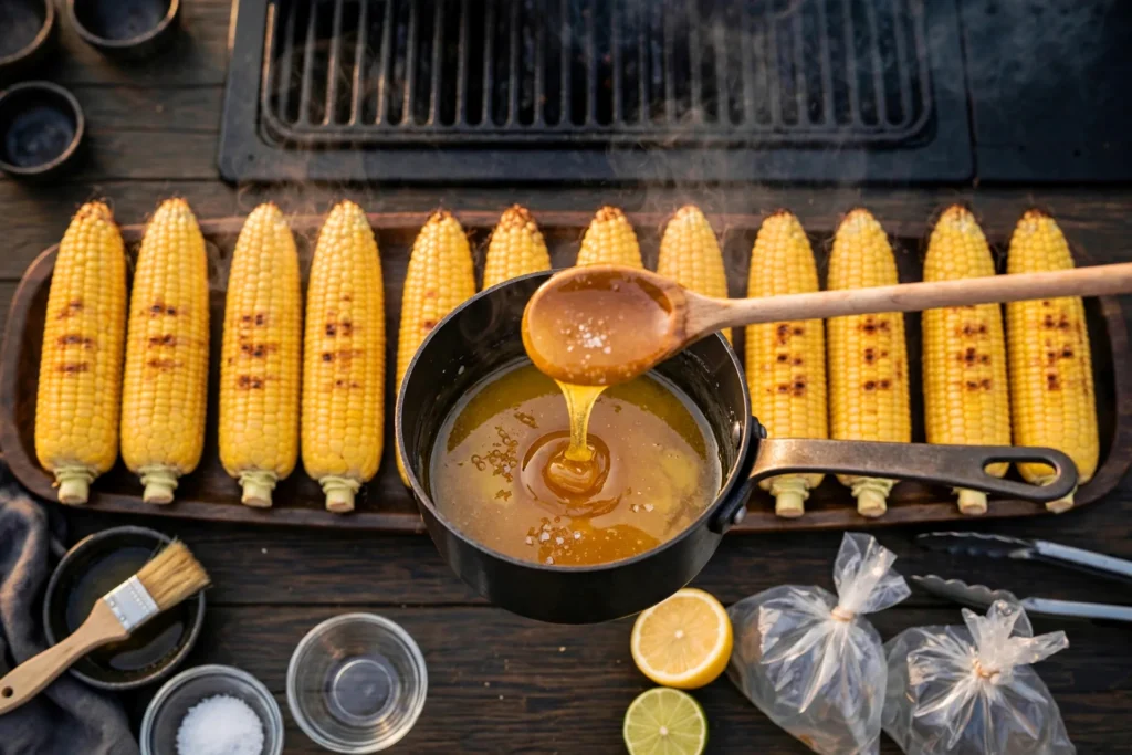 Stirring butter and honey into an amber glaze