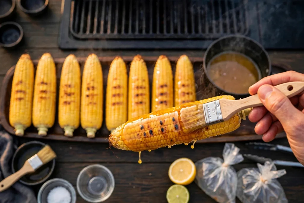 Brushing honey butter glaze over hot grilled corn