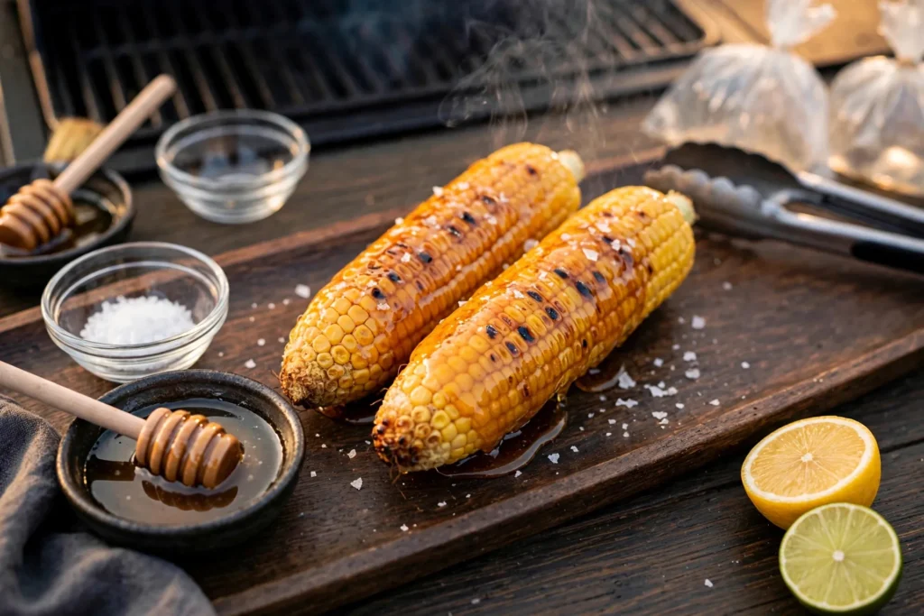 Honey butter corn with honey dipper beside
