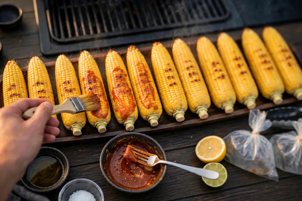 Brushing spicy Cajun butter over hot grilled corn