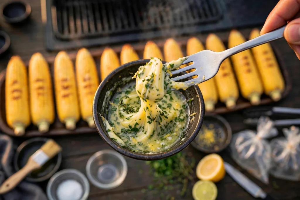 Stirring lemon herb butter in a small bowl