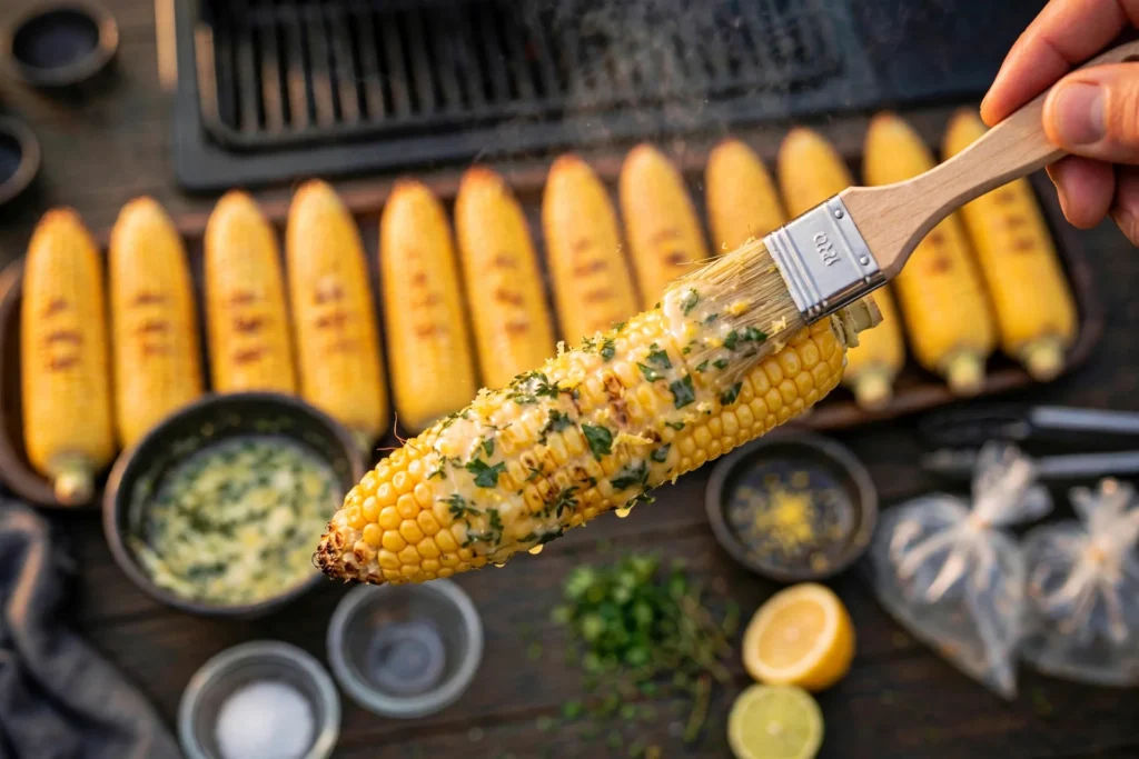 Brushing lemon herb butter over hot grilled corn