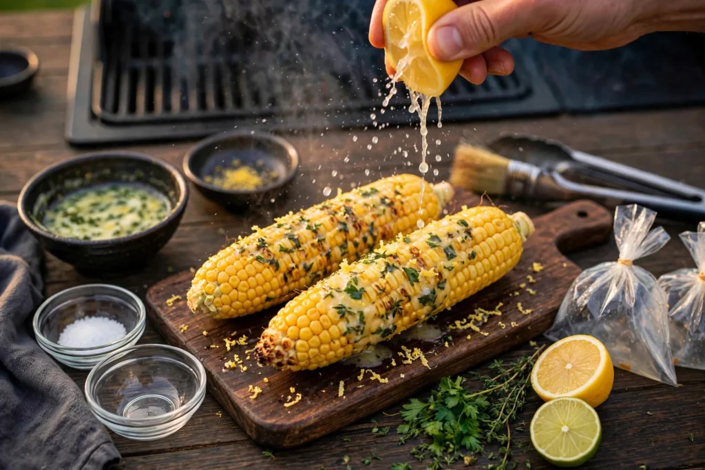 Lemon herb corn with lemon halves and herb sprigs