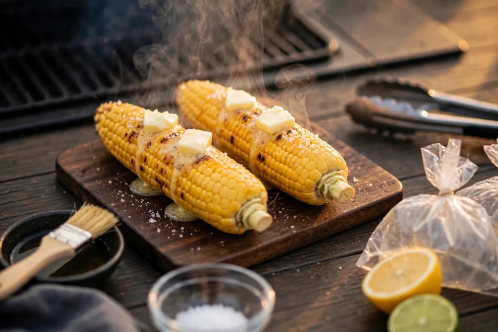 Butter pats melting on hot grilled corn