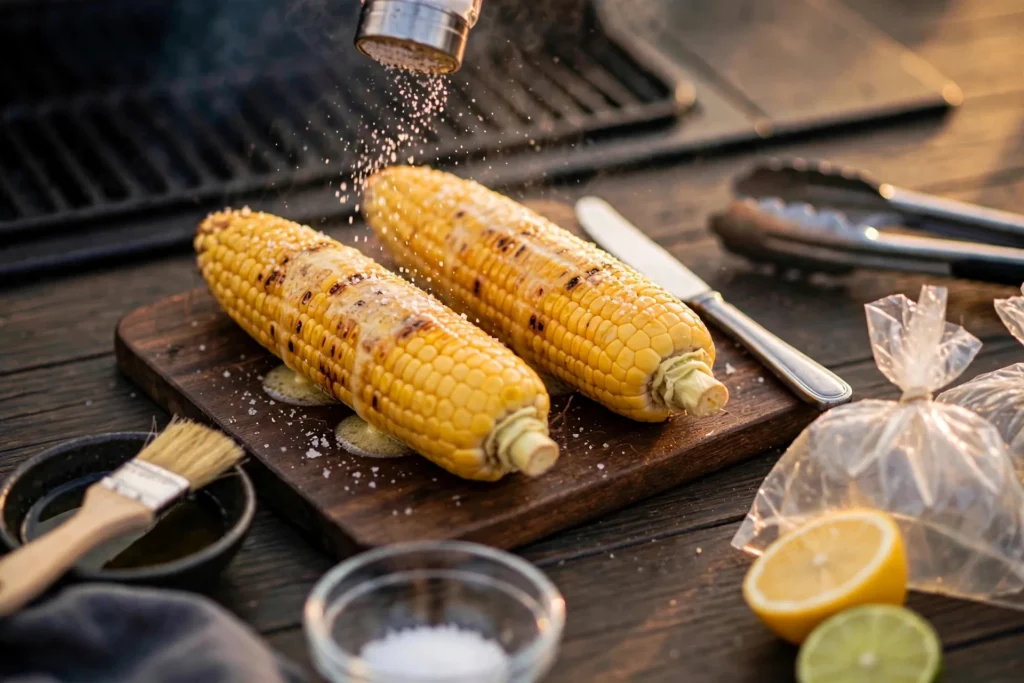 Classic butter salt corn with salt being sprinkled