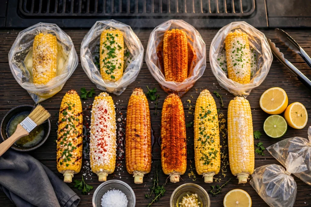 All ten corn on the cob recipes on a long wooden table