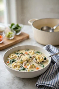 Creamy chicken tortellini soup in a bowl with shredded chicken, spinach and Parmesan
