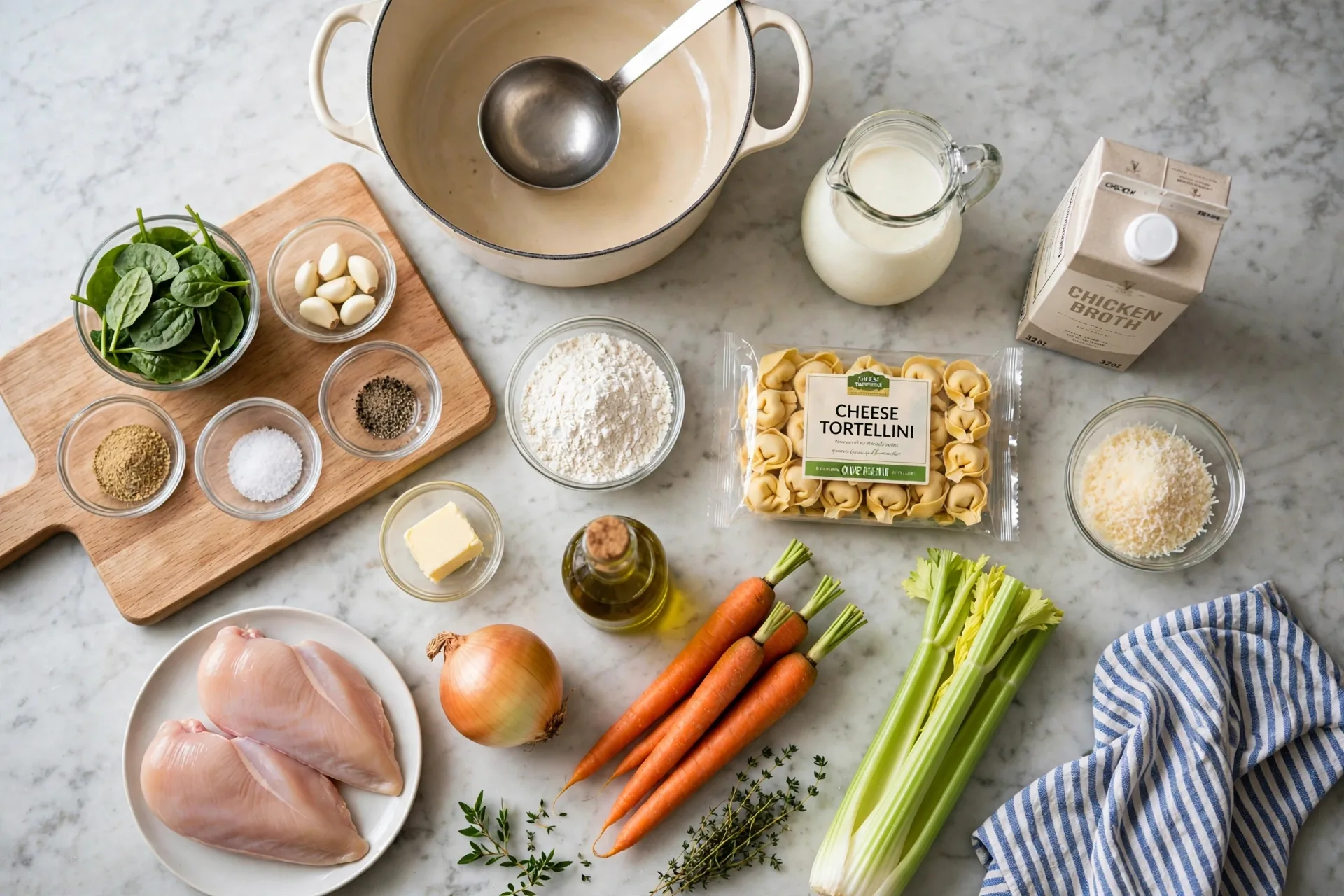 All ingredients for creamy chicken tortellini soup in glass bowls