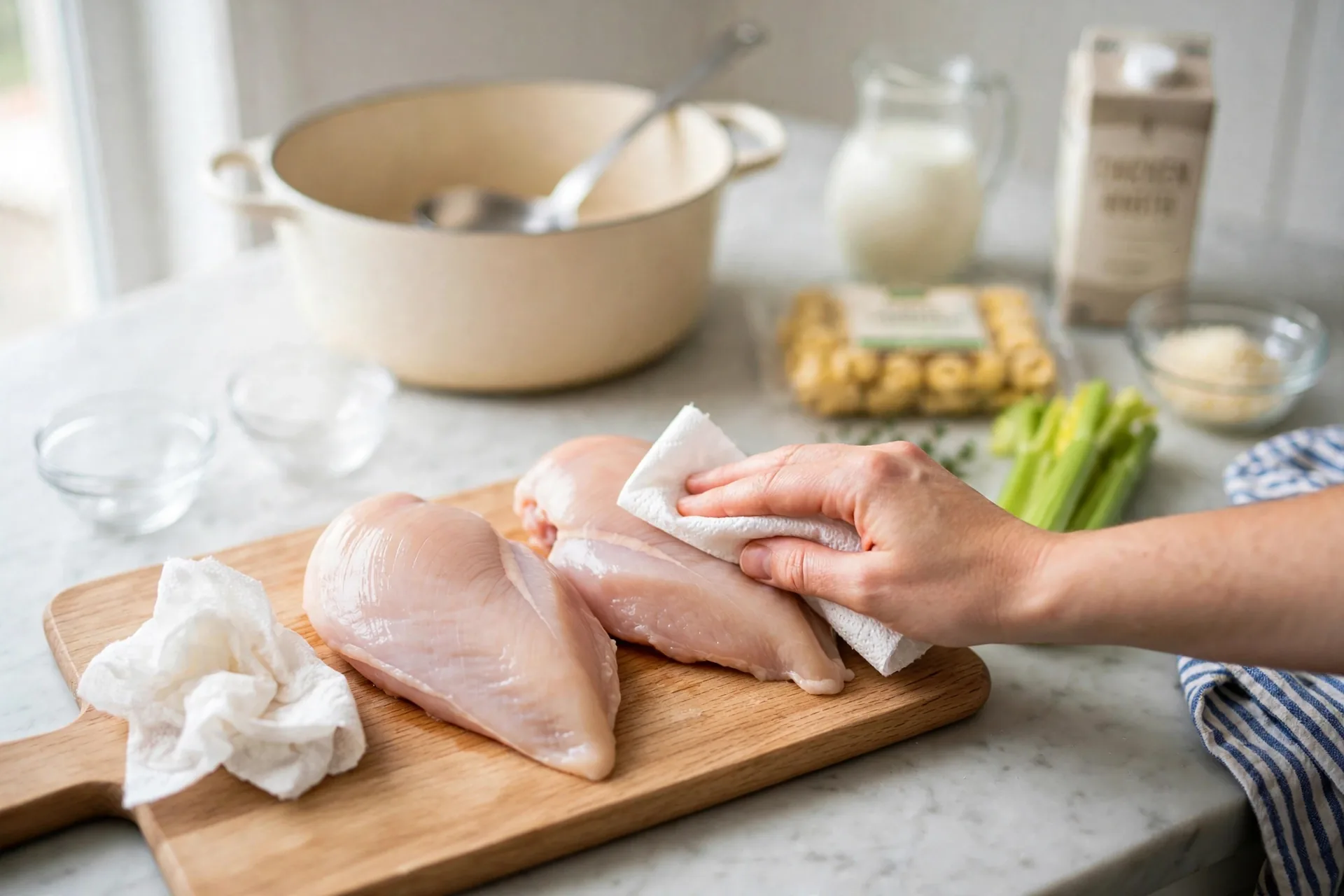 Patting raw chicken breasts dry with paper towels