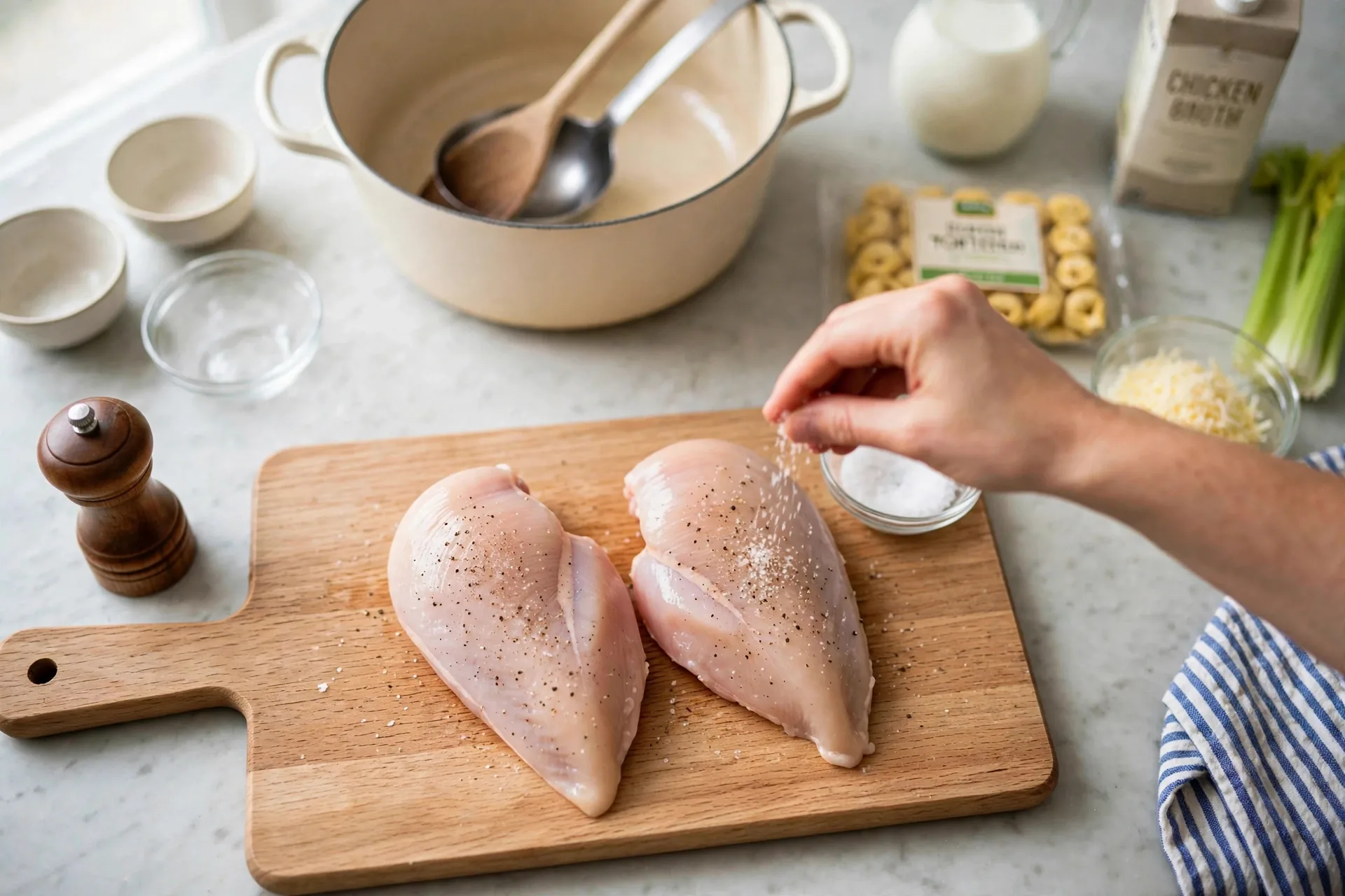 Seasoning raw chicken breasts with salt and pepper