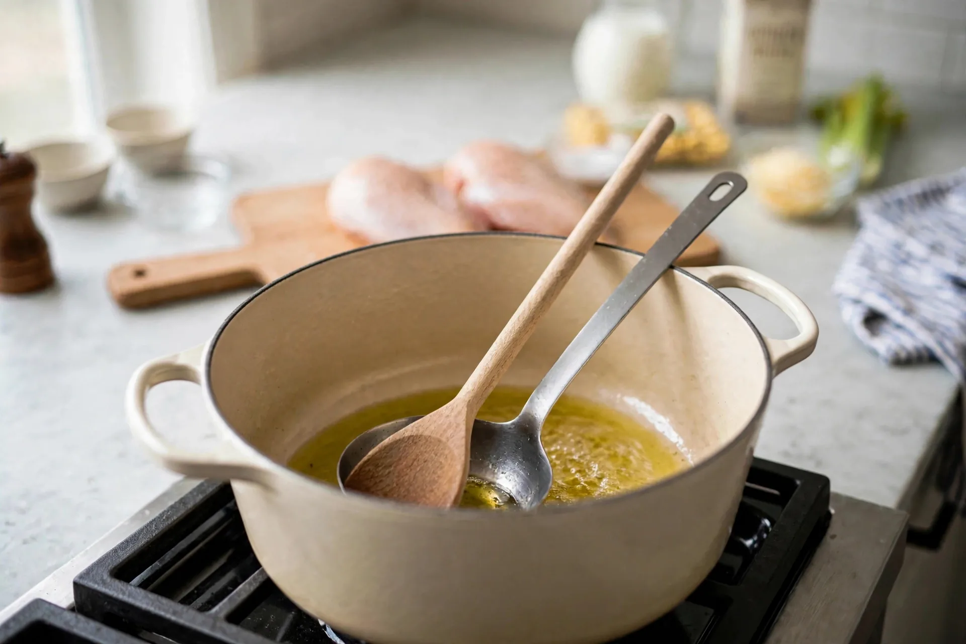 Olive oil heating in a cream Dutch oven
