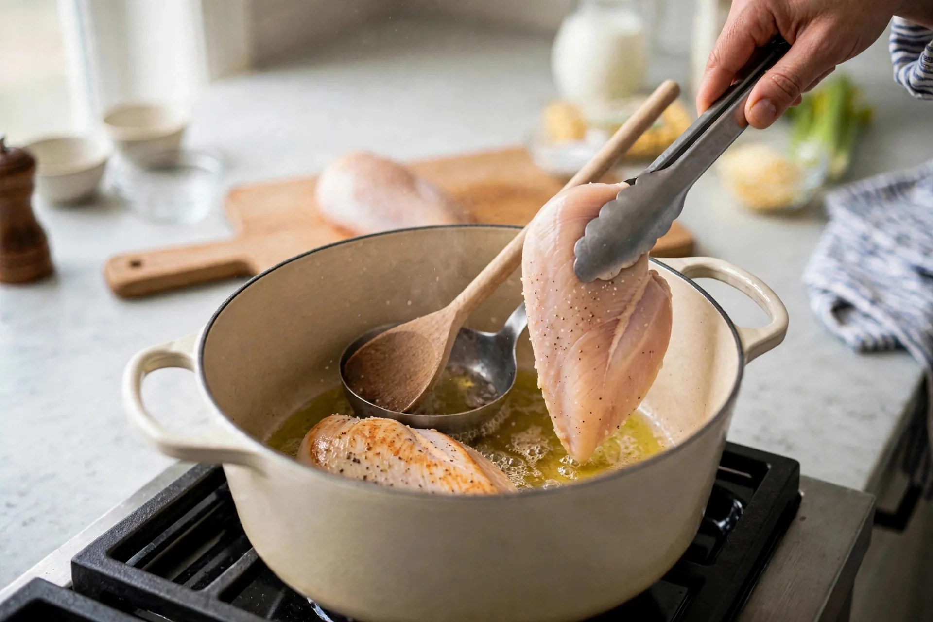 Lowering seasoned chicken breasts into hot oil with tongs