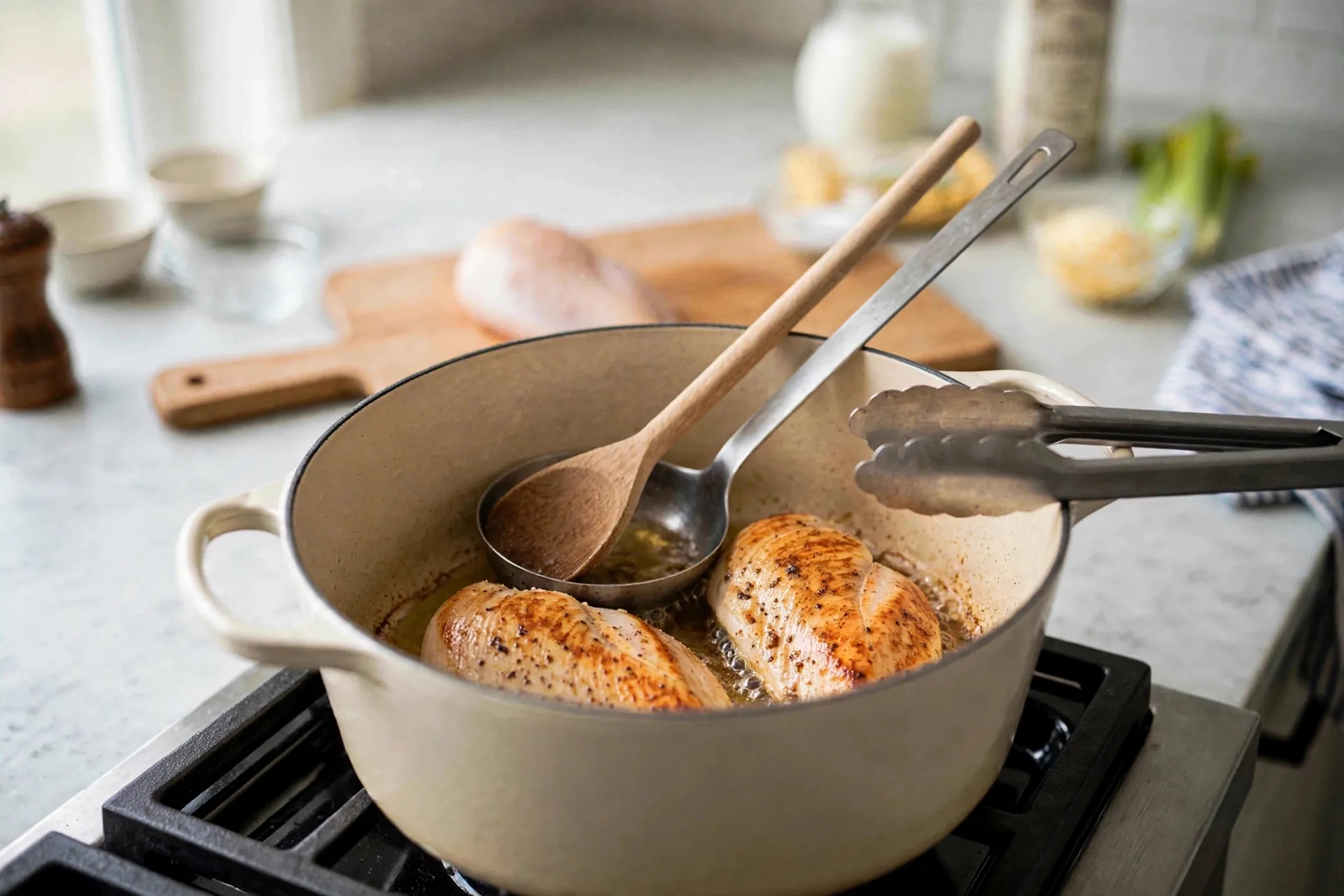 Chicken breasts searing golden brown in a Dutch oven