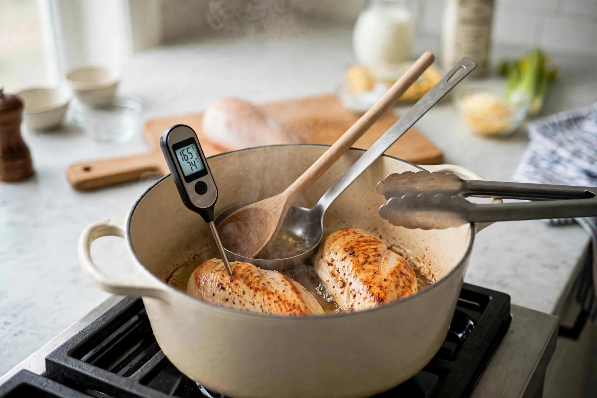 Thermometer reading 165°F in a cooked chicken breast