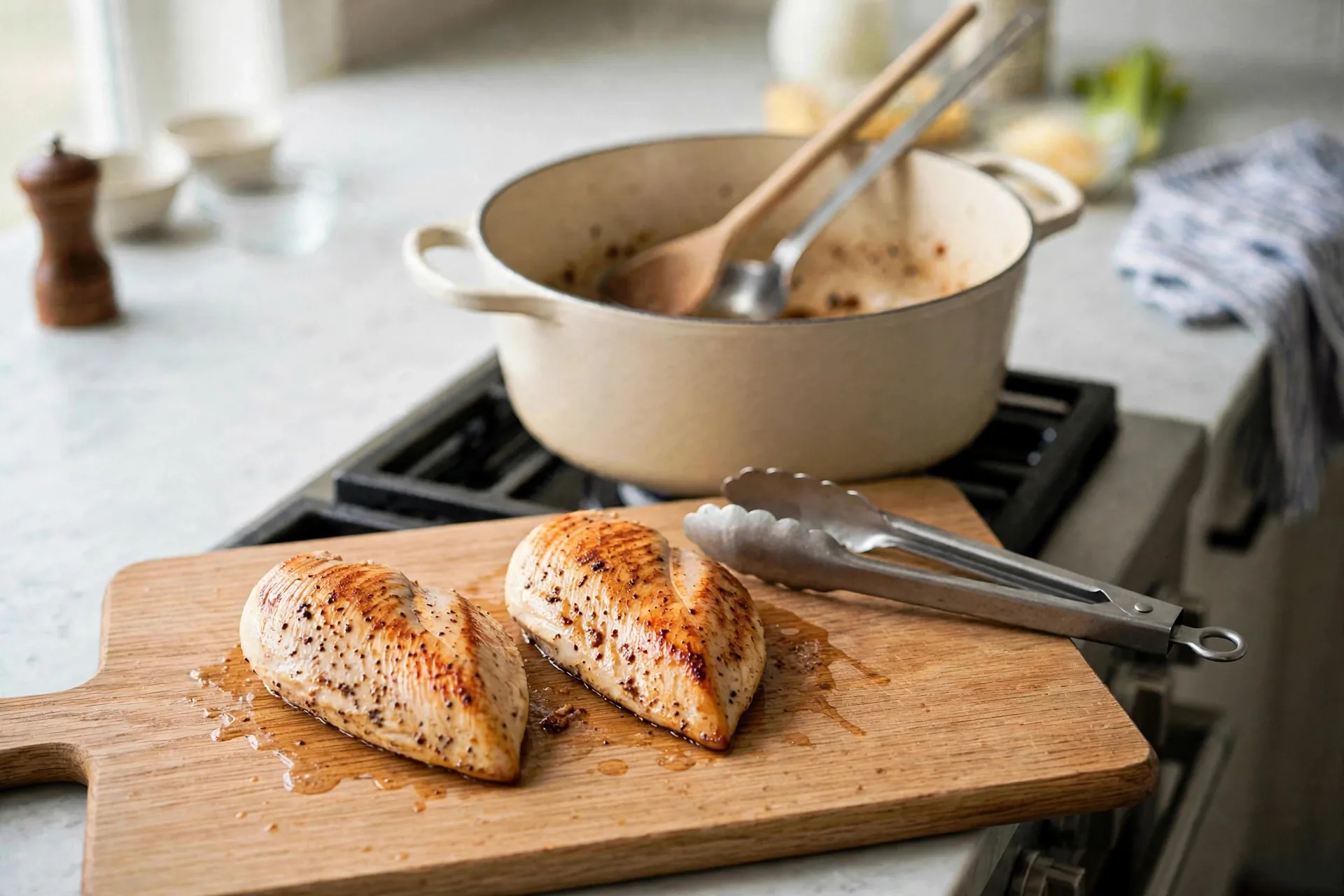 Cooked chicken breasts resting on a cutting board